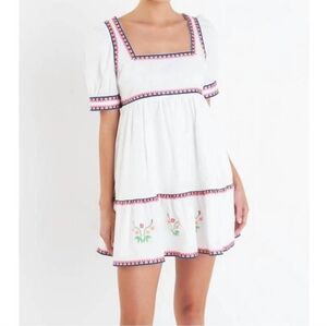 NWT English Factory Embroidered Puff Sleeve Cotton Babydoll Dress Size Medium